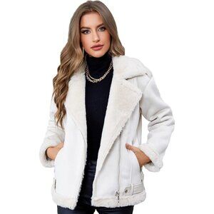Women Beige Faux Shearling Moto Jacket Thick Lined Winter Leather Coat